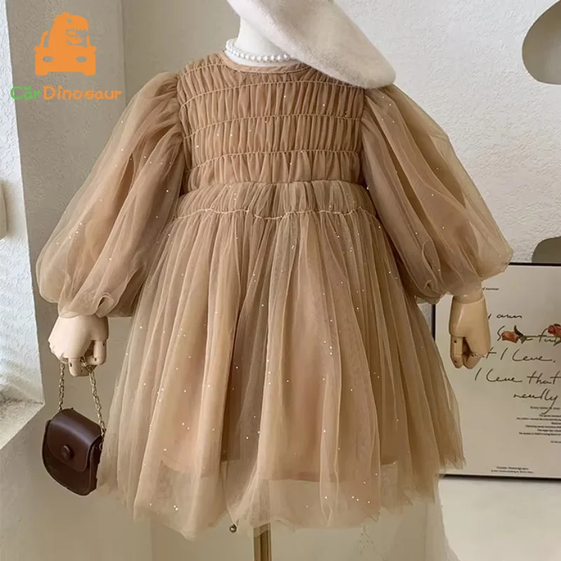 2026 Autumn Spring New 2 3 4 6 8 10 Years Children Princess Ball Gown Party Solid Long Sleeve Pleated Dress For Kids Baby Girls
