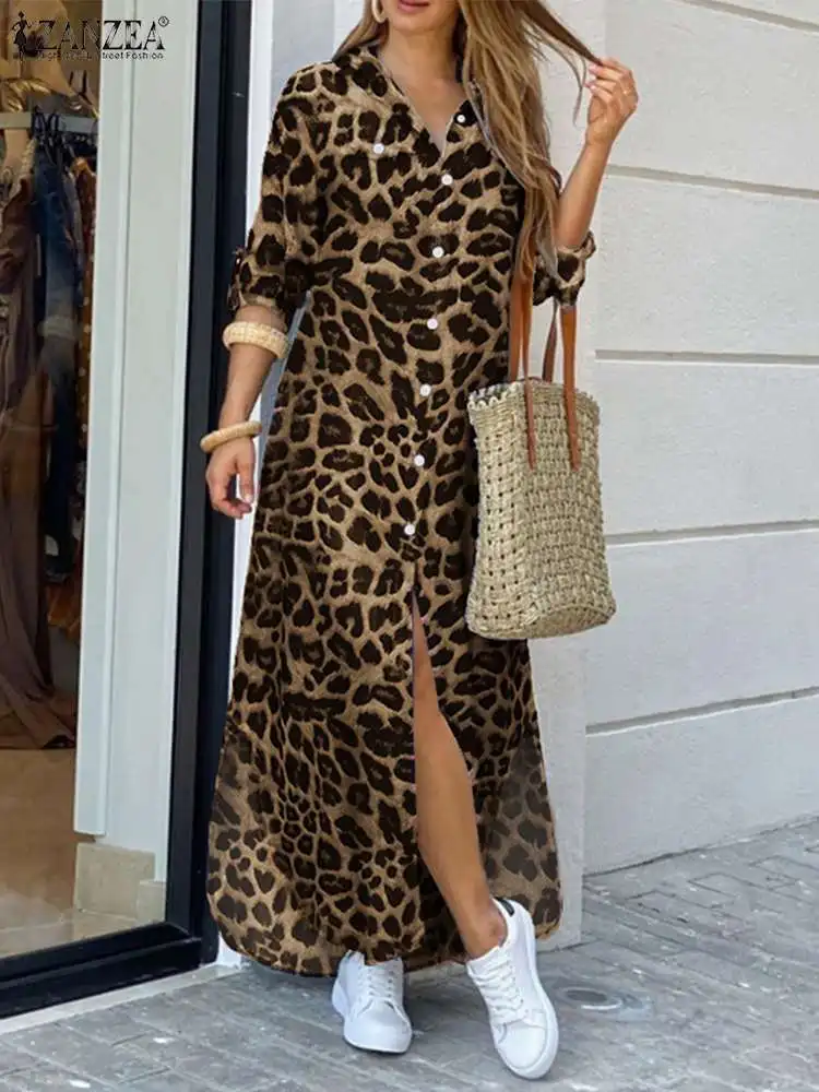 ZANZEA Sukienka Damska Vintage w Leoparda na Imprezę Jesień 2025 Casual Długi Rękaw Maxi Długa Sukienka Vestidos Modna Oversize Koszula Sukienka Letnia