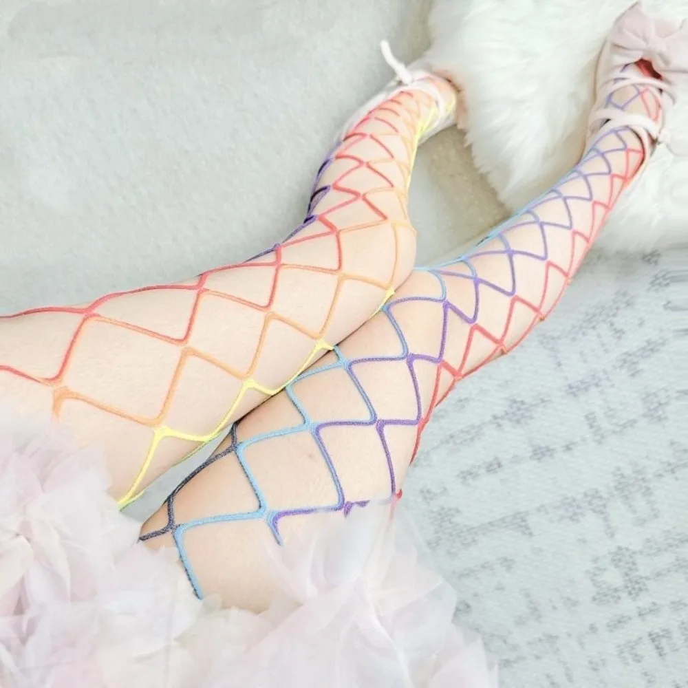 Punk Y2K Rainbow Fishnet Stockings Dopamine Large Mesh See-through Tights Hot Girl Style Stretch Hollowed Out Pantyhose Women