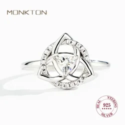 Monkton-925 Sterling Silver Celtic Knot Anéis para As Mulheres, Oco Corte De Zircão, Anéis De Noivado Da Noiva, Jóias