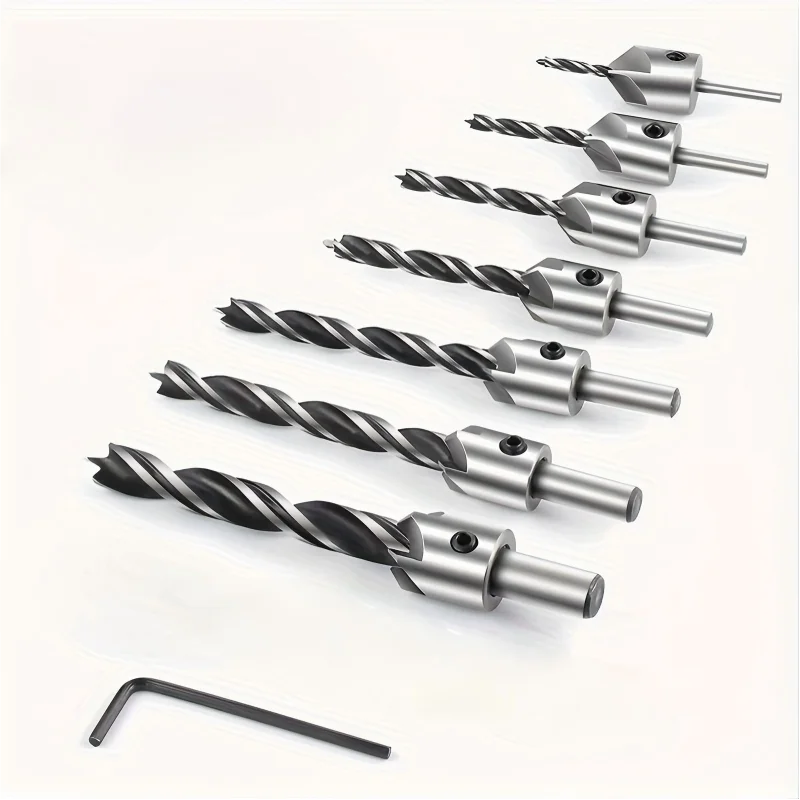 

Набор фрезерных сверл из нержавеющей стали, включая шестигранный ключ, 7 круглых сверл для деревообработки.