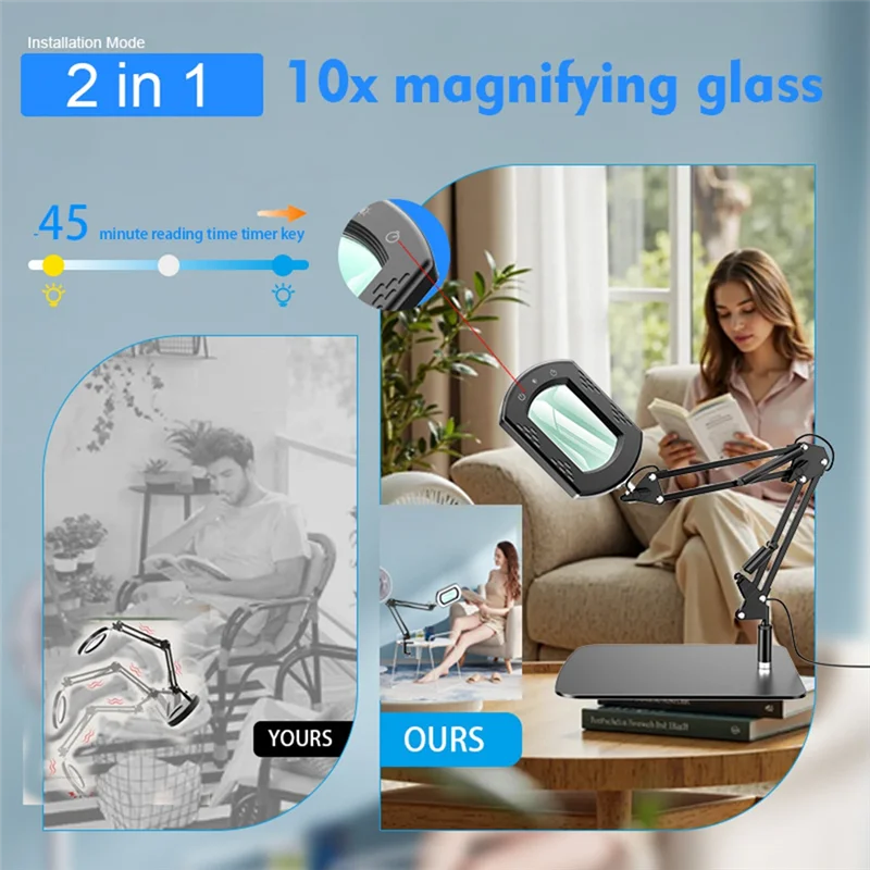 B84B-Real Glass LED Lighted 10X Square Magnifier With Light And Stand, 5 Color Modes Stepless Dimmable