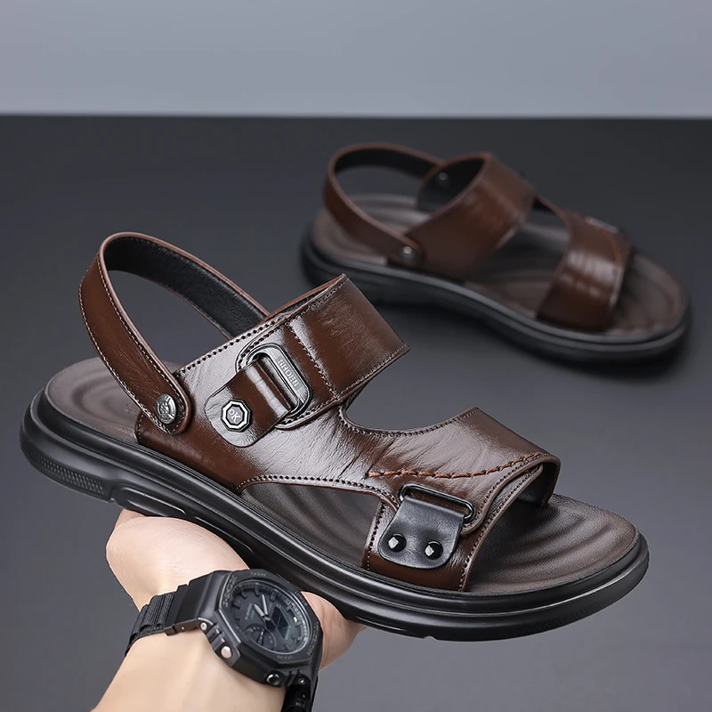 Men's Adjustable Strap Sandals with Dual Buckle Closure for Casual Summer Wear, Lightweight Comfortable Design with Stitched Det