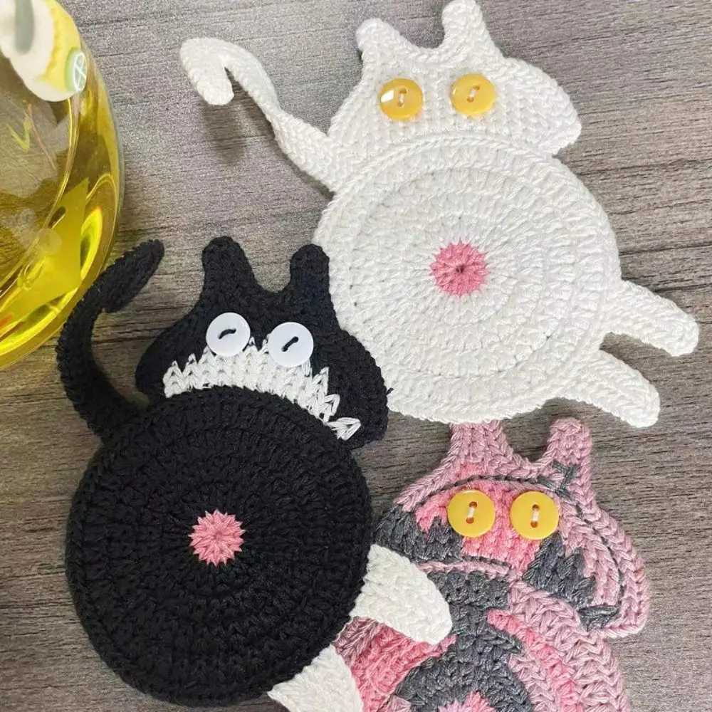 

High Quality Crochet Woven Cat Coaster Easy To Clean Reused Handmade Knitted Kitten Coaster Handmade Cat Insulation Pad Home