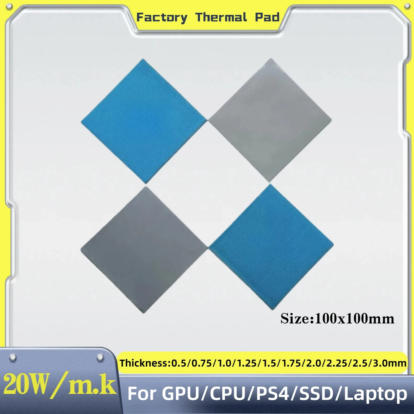 

High quality 20W/m.k Thermal Pad 100mm x 100mm/10x10cm Silicon Heatsink Cooling Conductive IC for GPU/CPU/PS4/Laptop/SSD