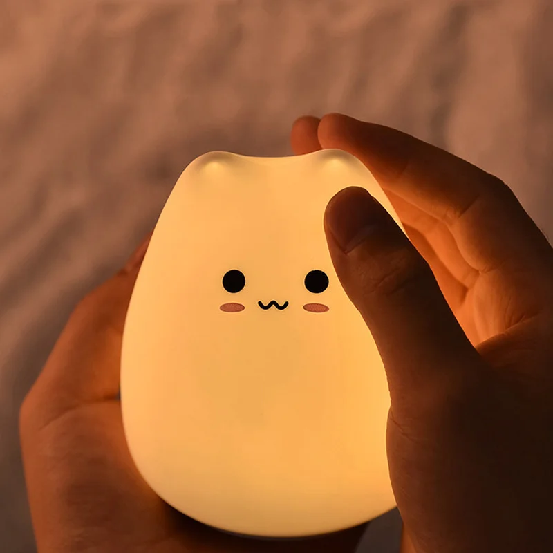 LED Cat Night Light for Kids Soft Silicone Touch Sensor 7 Colors Changing Cartoon Sleeping Lamp for Bedroom Nursery Decoration