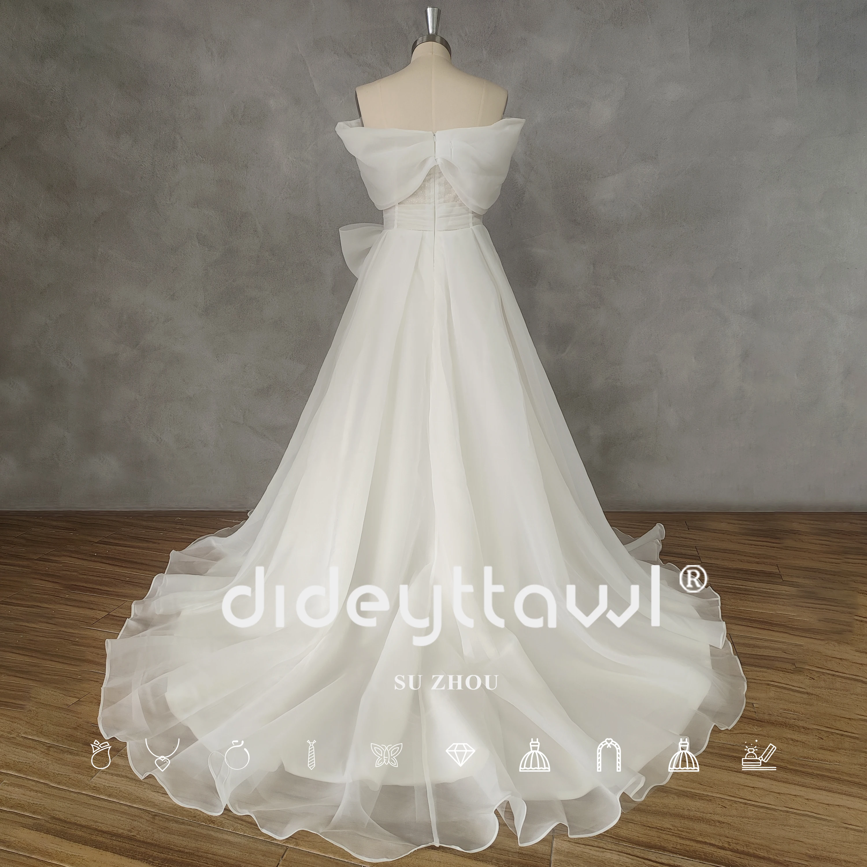 DIDEYTTAWL Real Picture V-Neck Off-Shoulder Pleats Organza A-Line Wedding Dress Bow Zipper Back Court Train Bridal Gown