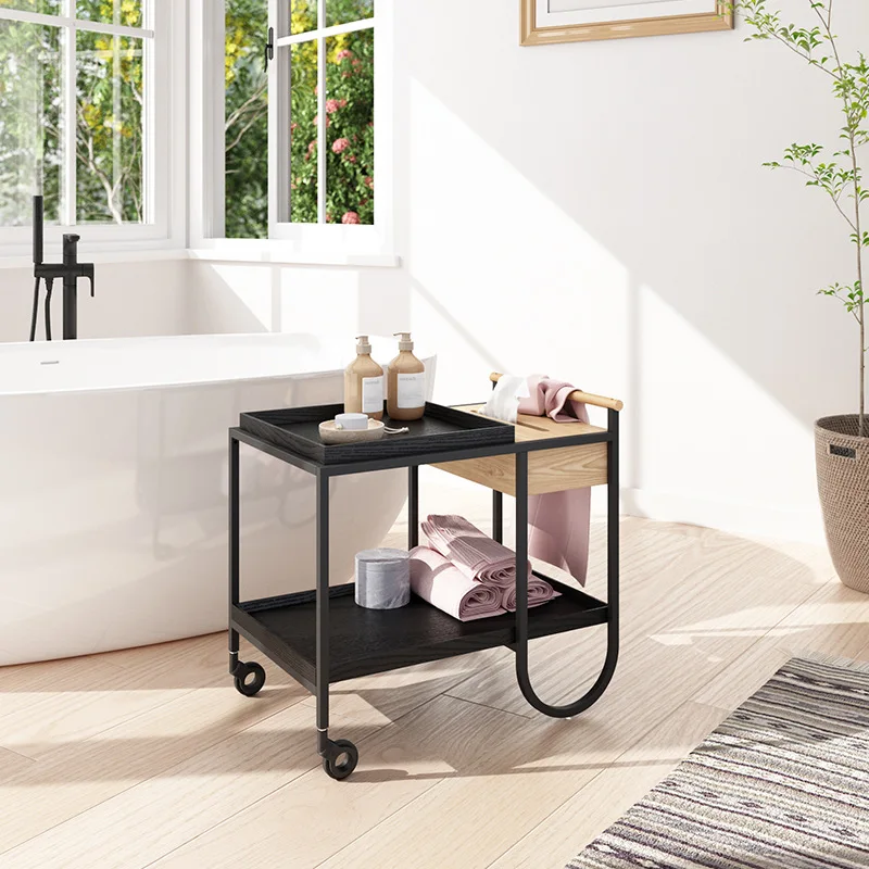 

Modern simple household black cart Nordic solid wood edge few movable corner few storage side cabinet