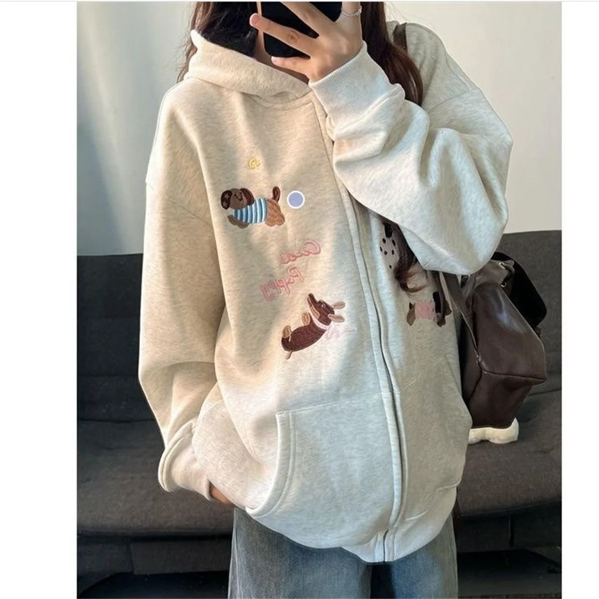 봄과 가을용 얇은 패션 트렌드 캐주얼 윈드 2025 신상 귀여운 소녀 강아지 프린트 포켓 후드 탑 긴팔