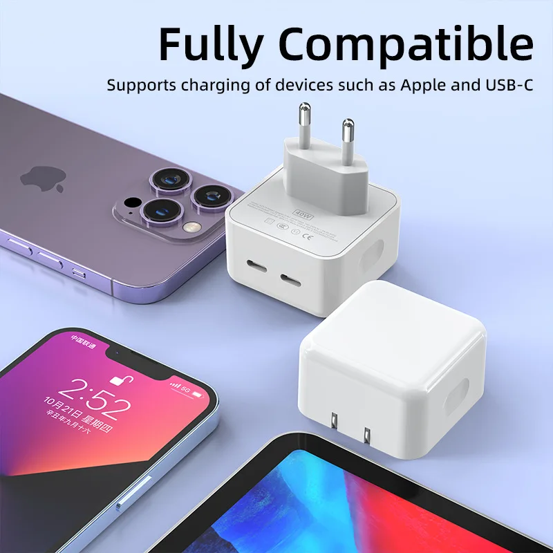Carregador duplo pd 40w adaptador de carregamento rápido para iphone14 xiaomi huawei samsung carregador de telefone móvel carga rápida eua/ue/reino unido plug