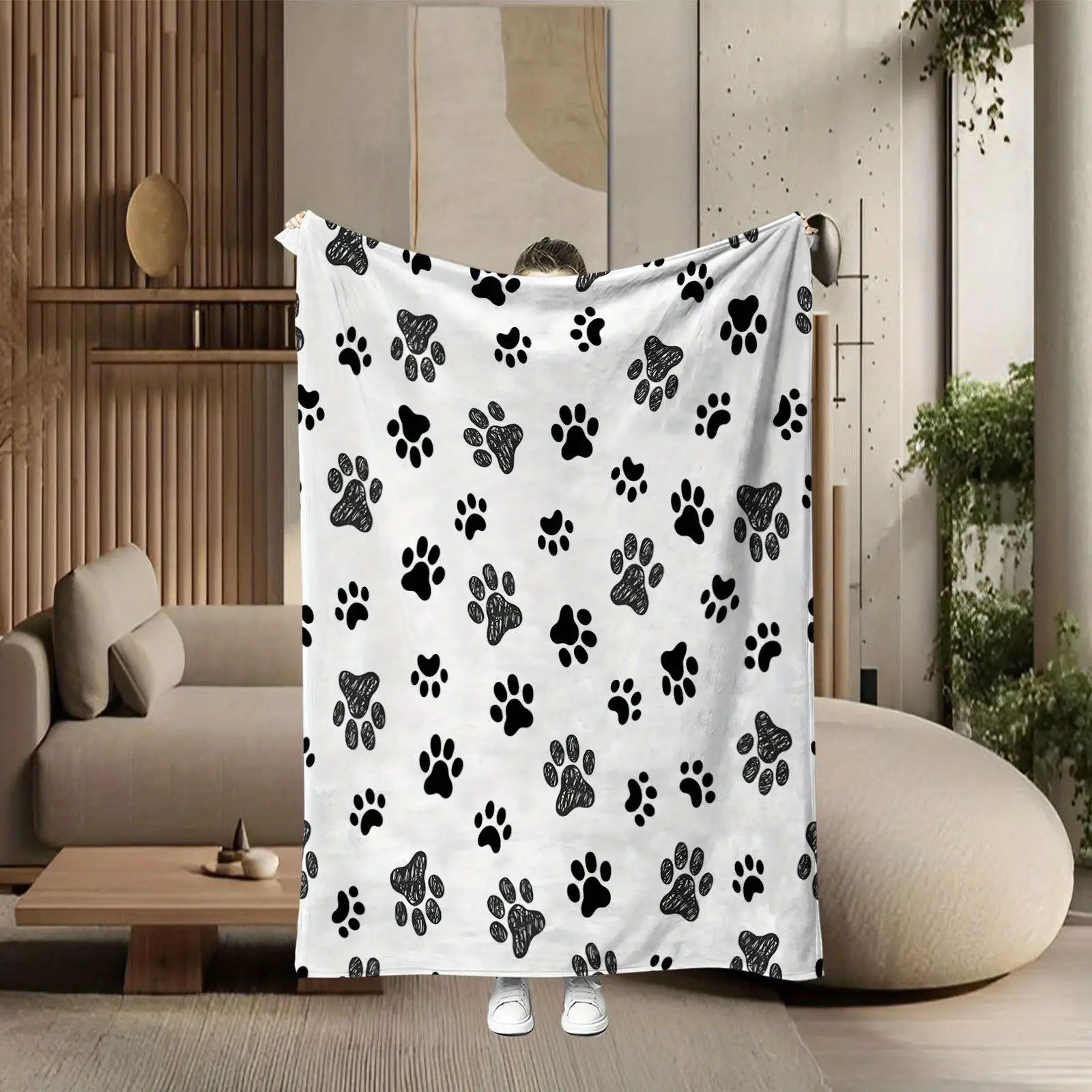 1pc Black and white paw print dog pattern blanket, polyester fabric, machine washable, suitable for bedroom living room décor.