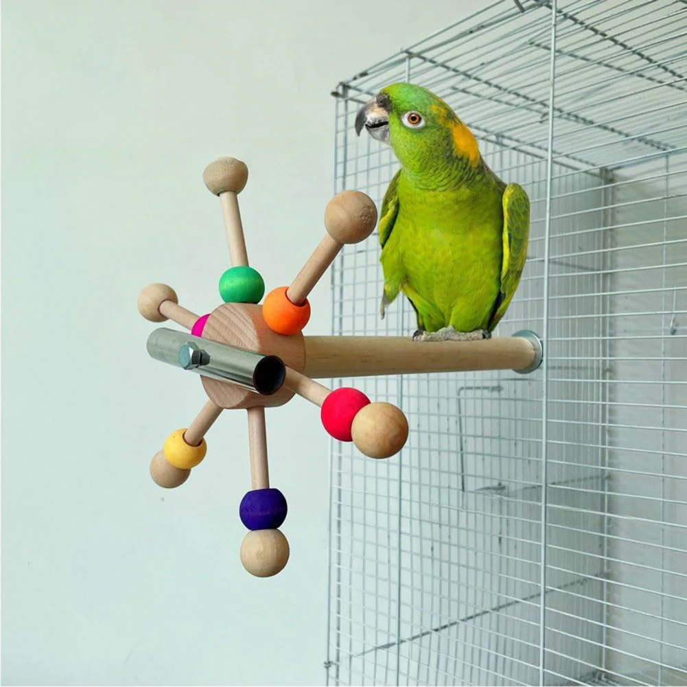 1pcs Perch Toy With Rotating Balls Wood Interactive Bird Stand Colorful Parrot Foraging Toy Rotating Windmill Toy For Lovebirds