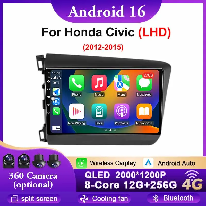 

9 inch For Honda Civic 2012-2015 LHD Android16 Car Radio Multimedia Video Stereo Player Navigation GPS CarPlay 4G WIFI Bluetooth