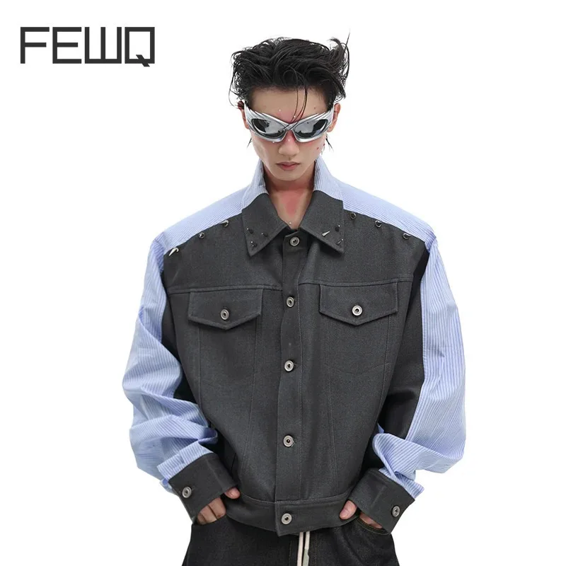 

FEWQ Deconstruction Patchwork Design Men Jacket Metal Rivet Loose Silhouette Long Sleeved Shirt Contrast Color Tops 24E2508