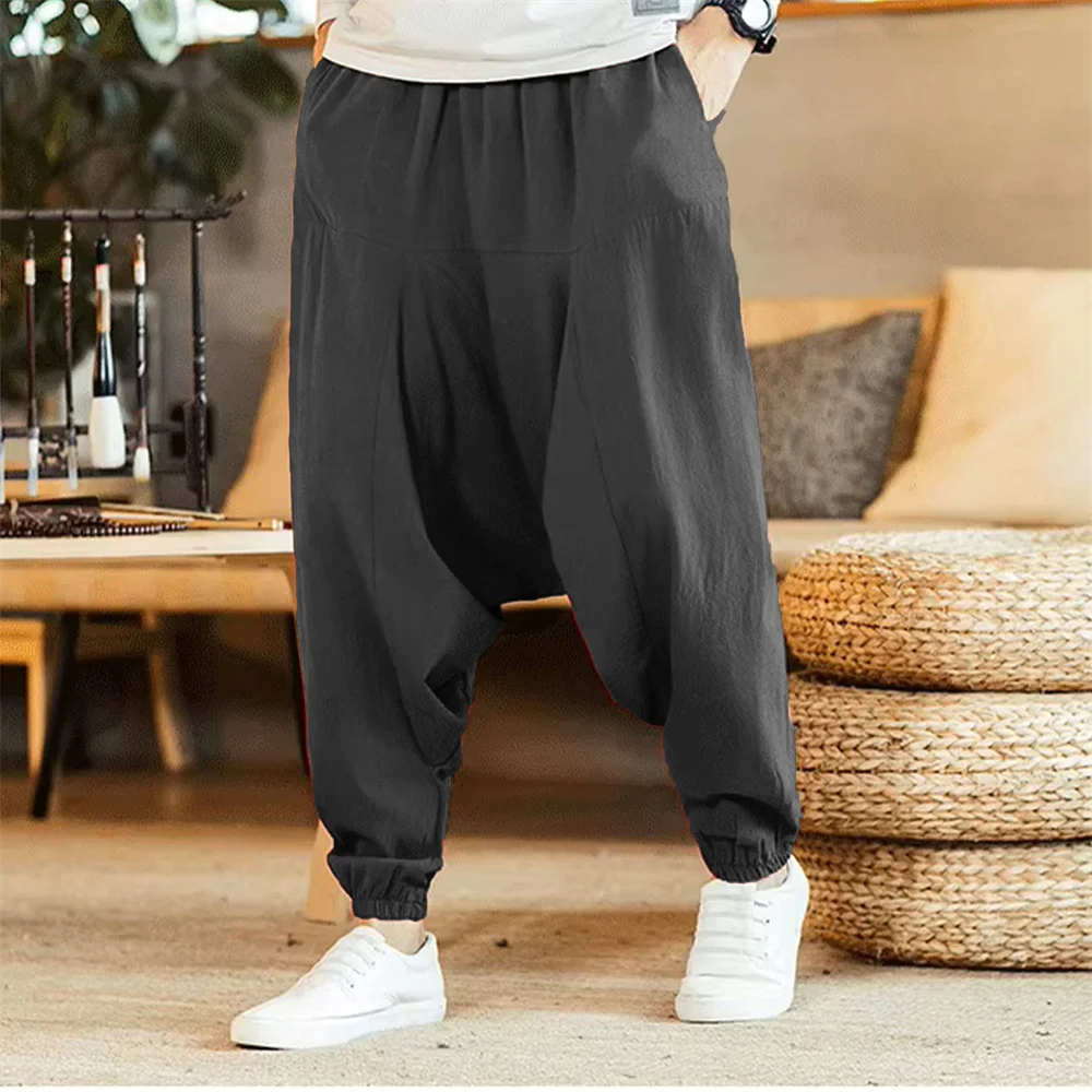 Men Cotton and Linen Pants Harem Pants Baggy Casual Oversize Loose Joggers Wide Leg Pants Yoga Drop Crotch Trousers Hip Hop
