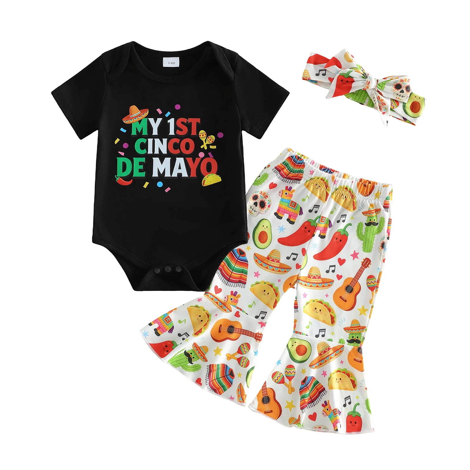 

Наряд для маленьких девочек на Синко де Майо: милый комбинезон с короткими рукавами и принтом букв, повязка на голову с колокольчиками, комплект из 3 предметов