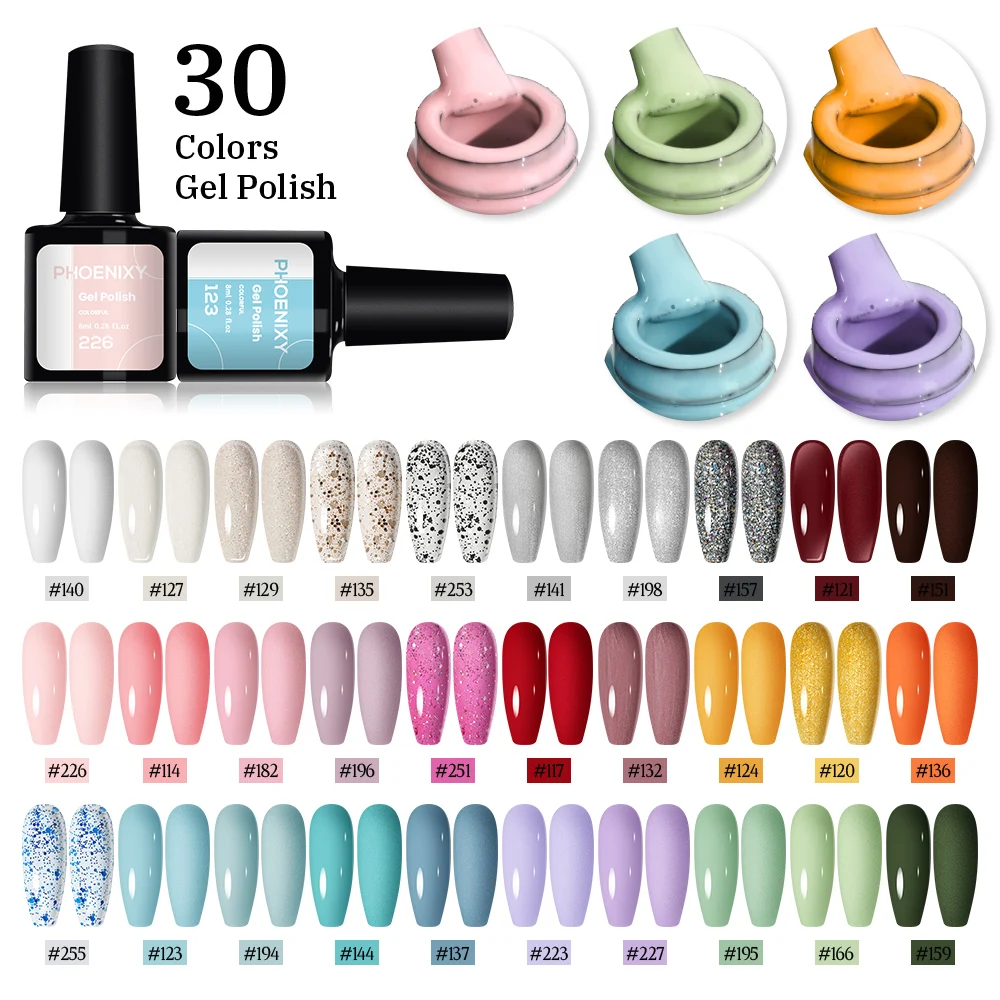 PHOENIXY 8ML 30/20 PCS Gel Nail Polish Kit Spring Summer Colors Semi Permanent Gel Varnish Soak Off UV Gel Nail Art Manicure Set