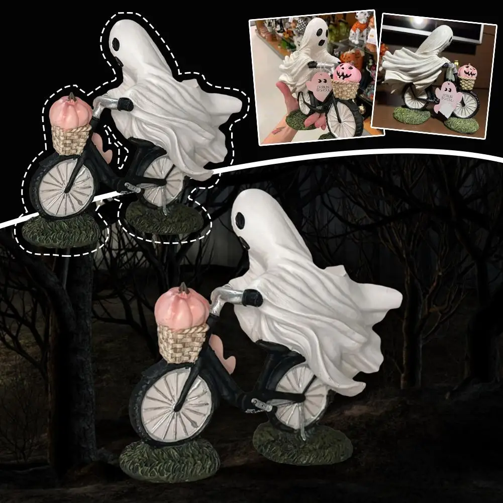 

Ghost Bike Rider with Pink Pumpkin Halloween Decor Tabletop Figurine Decorations Home Cute Halloween T5X9