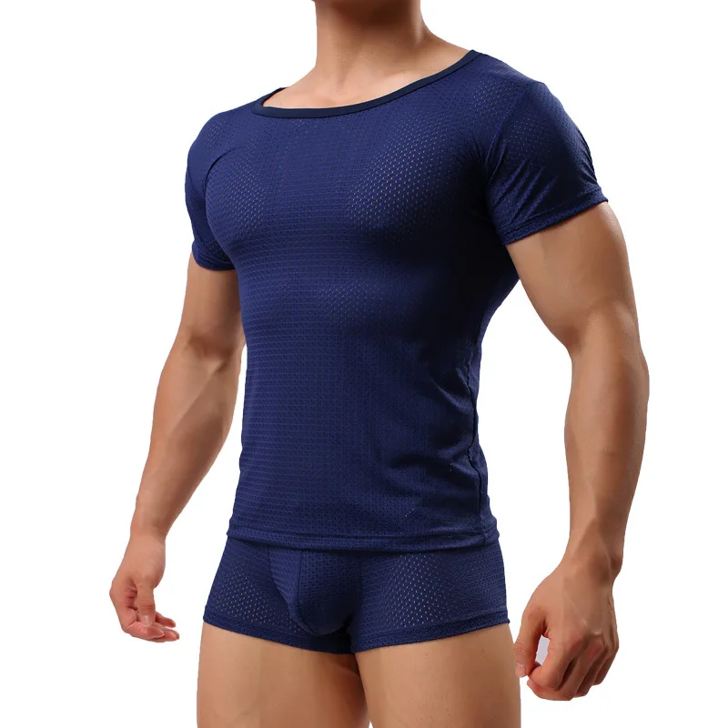 New Man Undershirt/Men Sexy Mesh Sheer Basic Shirts/Male Mesh Breathable O-neck Gay Short Sleeves Slimming Undershirts Inner Top