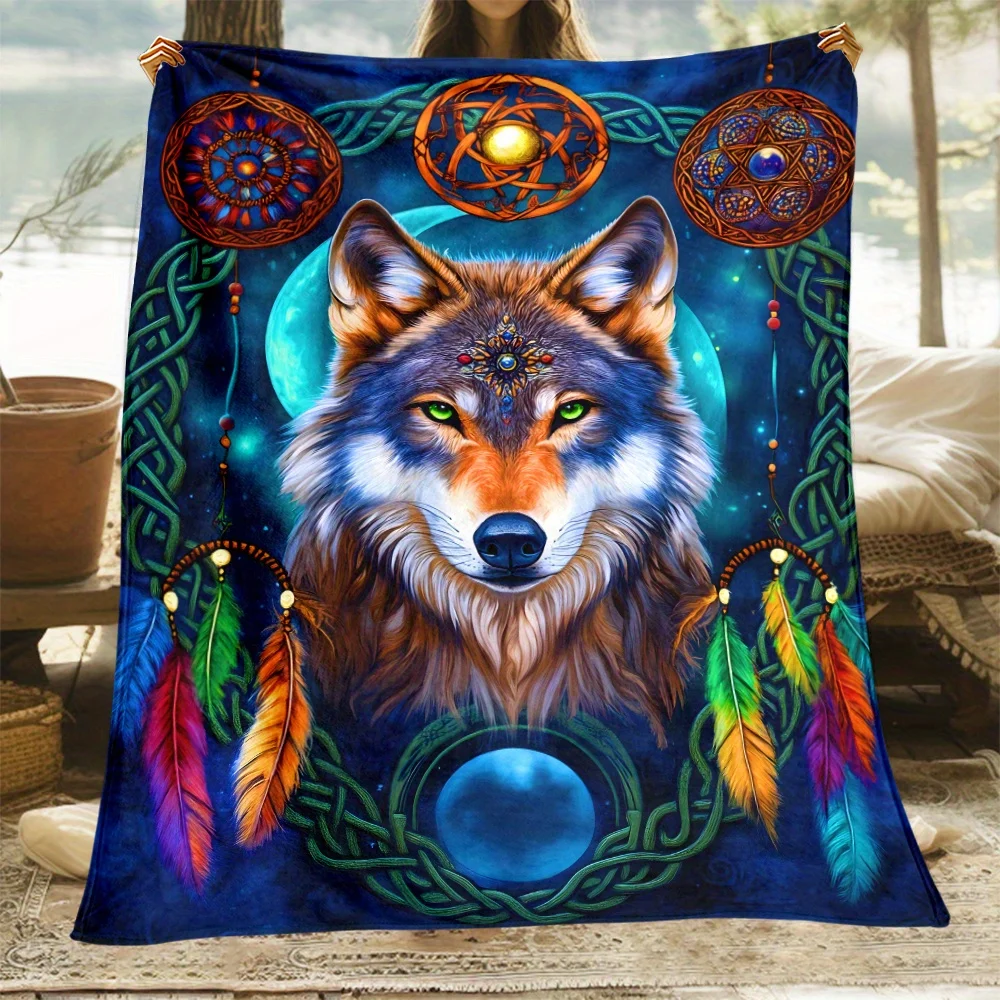 Spirit Wolf Dreamcatcher Mandala Flannel Blanket Boho Tribal Art Bed Cover Mystical Nature Theme Gift for Men Women
