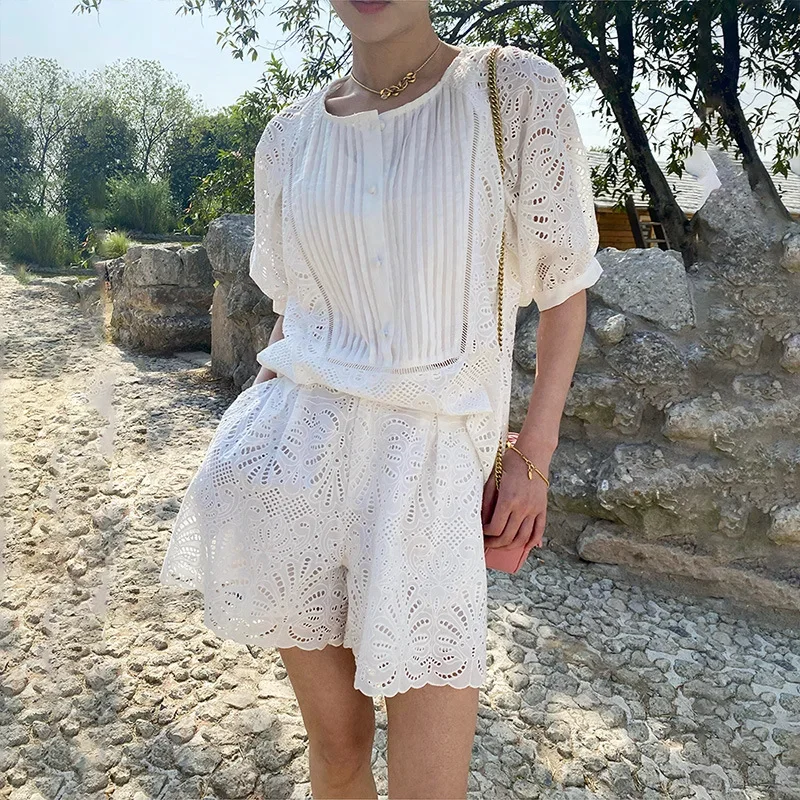 WildPinky Cut-out Shorts Sets 2 Pieces Eyelet Embroidered Lace Vacation White Blouse + Shorts 2024 Summer New in Women Clothing