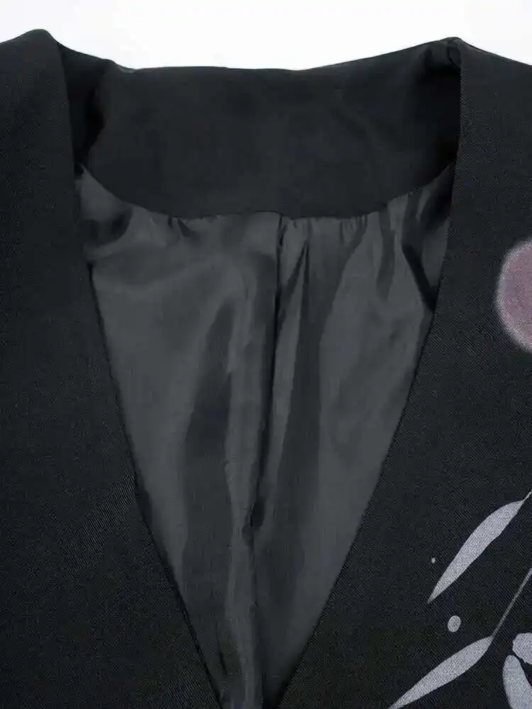 ZMEENNA レディース ブラック 非対称ラップ フロント ブレザー 竹プリント デザイン V ネック シングル ボタン 長袖 カジュアル ZM3288