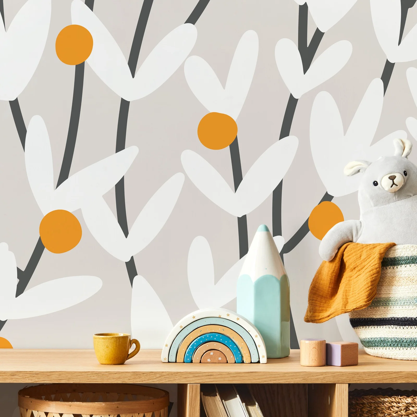 White Floral Wallpaper Peel and Stick,Removable Wall Papers For Home Decorations /Children's Room,Nusery Wall Art,50cm*300cm