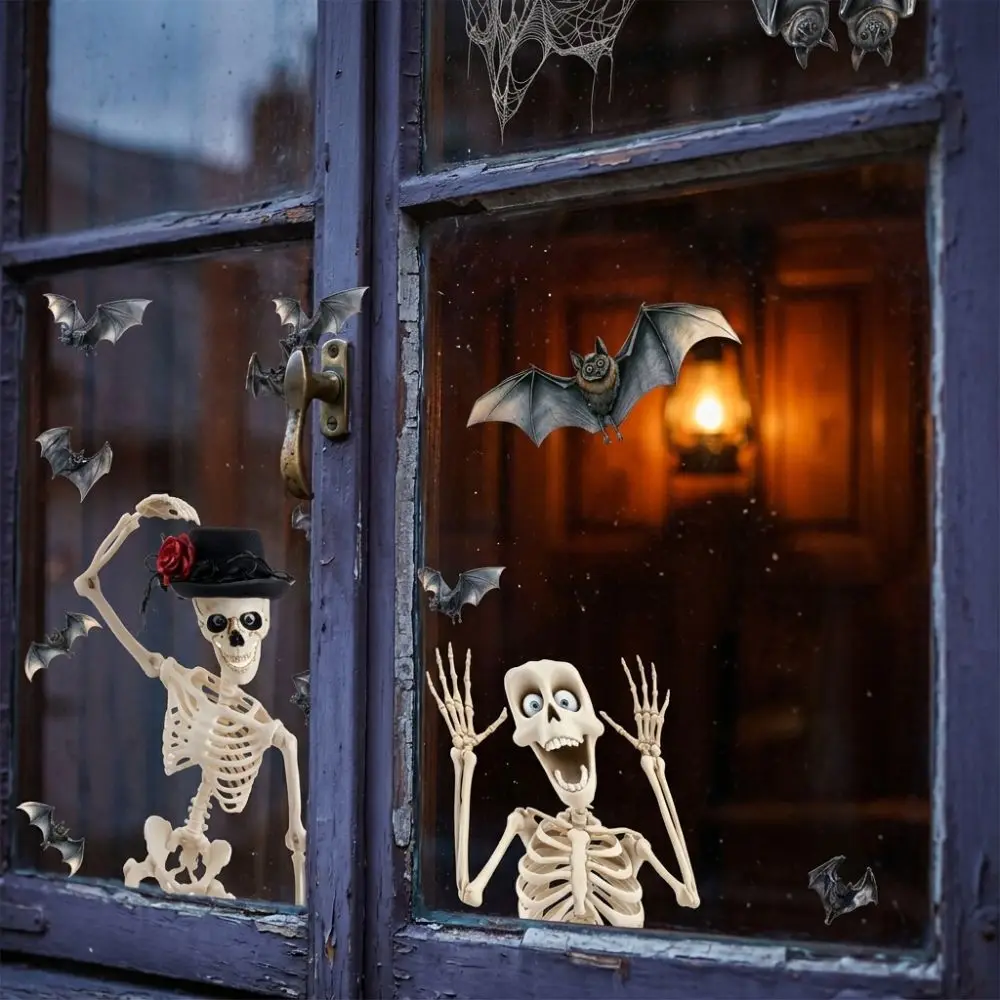 4Pcs Removable Halloween Skeleton Window Stickers Non-Adhesive Spooky Bat Skeleton Static Stickers Waterproof Transparent Print