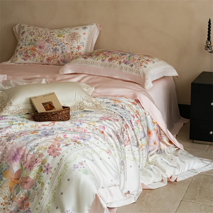 Soft Cooling Mulberry Silk Bedding Set Double Queen King Size Duvet Cover Bed Sheet Set Ru Europe Bed Linen Pillowcases Foral