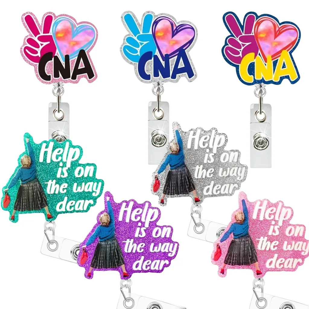 Glitter Acrylic Retractable Badge Reel Holder CNA Themed ID Badge Holder With 360 Rotatable Alligator Clip For Nurse Workers