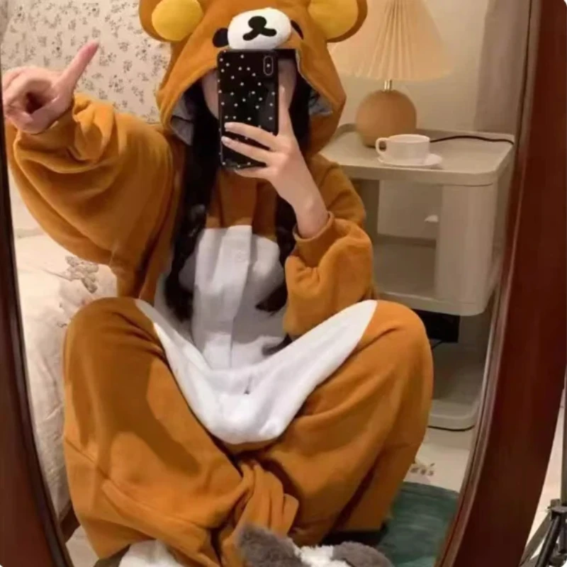 

Cute Cartoon Bear Women'S Sleepwear Winter Cute Hooded Casual Home Clothes Warm Jumpsuit Comfortable Cosplay Clothing Gifts