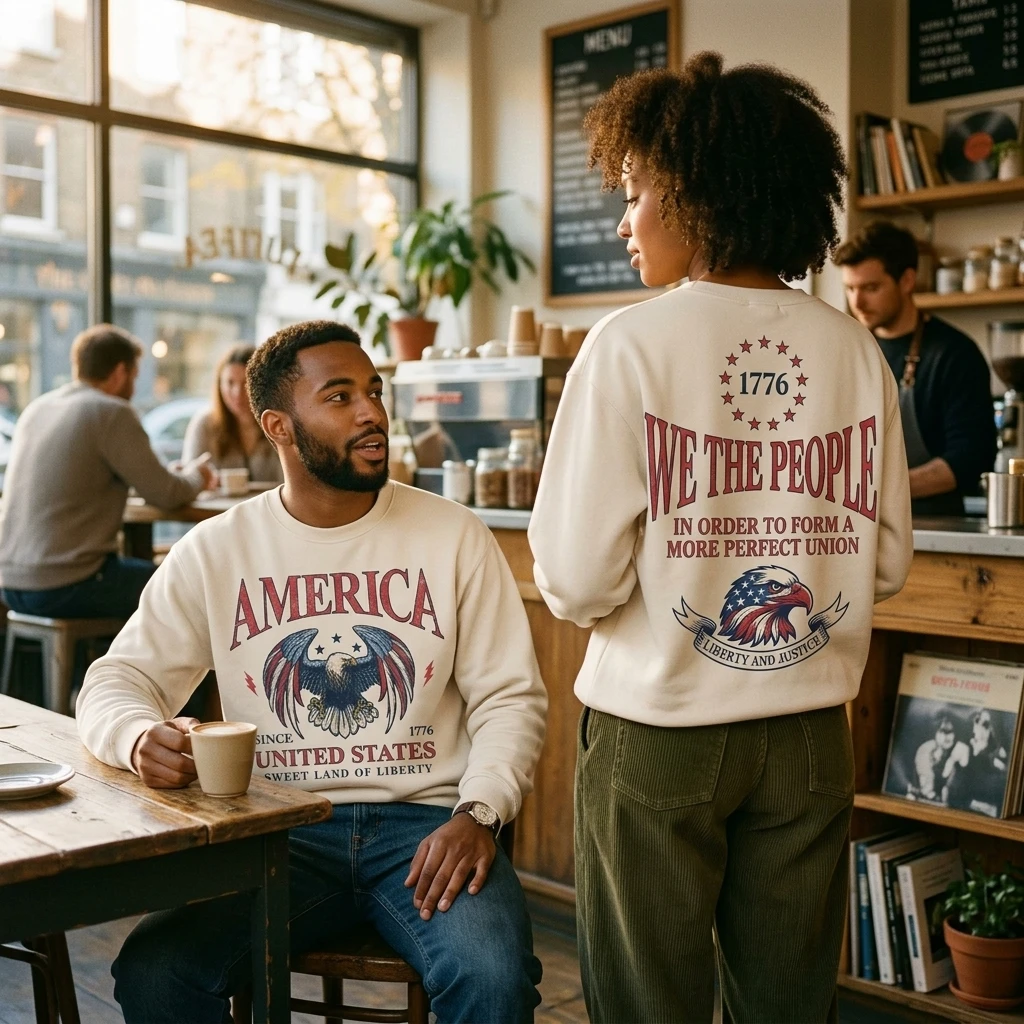 Vintage American Bald Eagle Print Parent-Child Long Sleeve Crewneck Sweatshirt Casual Independence Day 4th of July Tops Streetwe