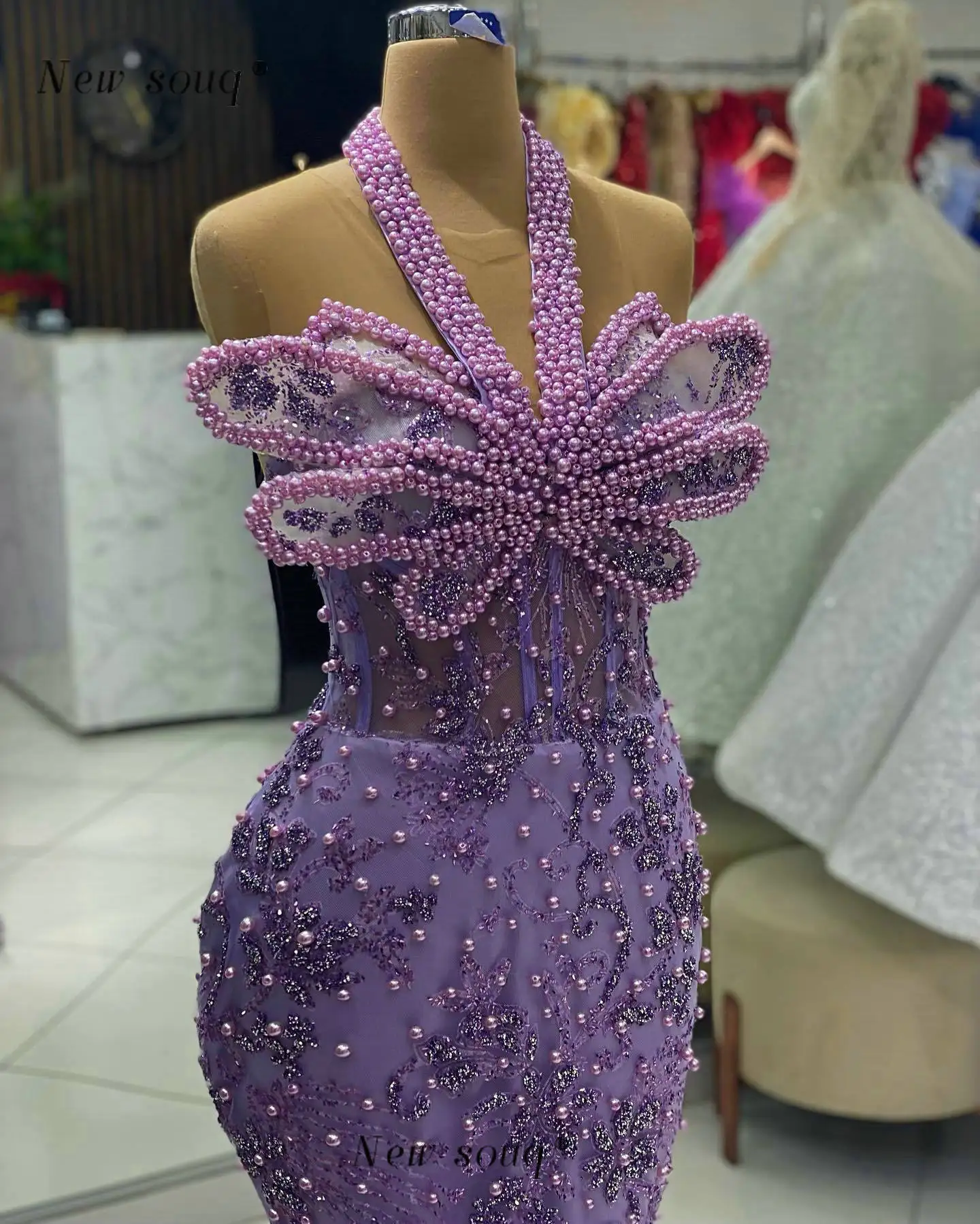 

Purple Pearls Beaded Halter Neck Mermaid Evening Dresses Long Sleeveless Corset Boned Mermaid Elegant Wedding Party Prom Gowns