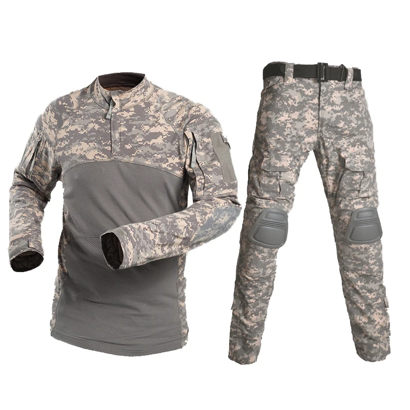 Airsoft Camouflage Taktische Anzüge Langarm Militär Uniform Mehrere Taschen Flog Kampf Kleidung Set Mit Knie Pads A2F218