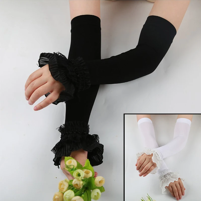 

Elastic Ice Silk Sleeve Sunscreen Lace Arm Sleeves Long Fingerless Anti-Slip UV Summer Men Women Mittens Covered Driving Gloves