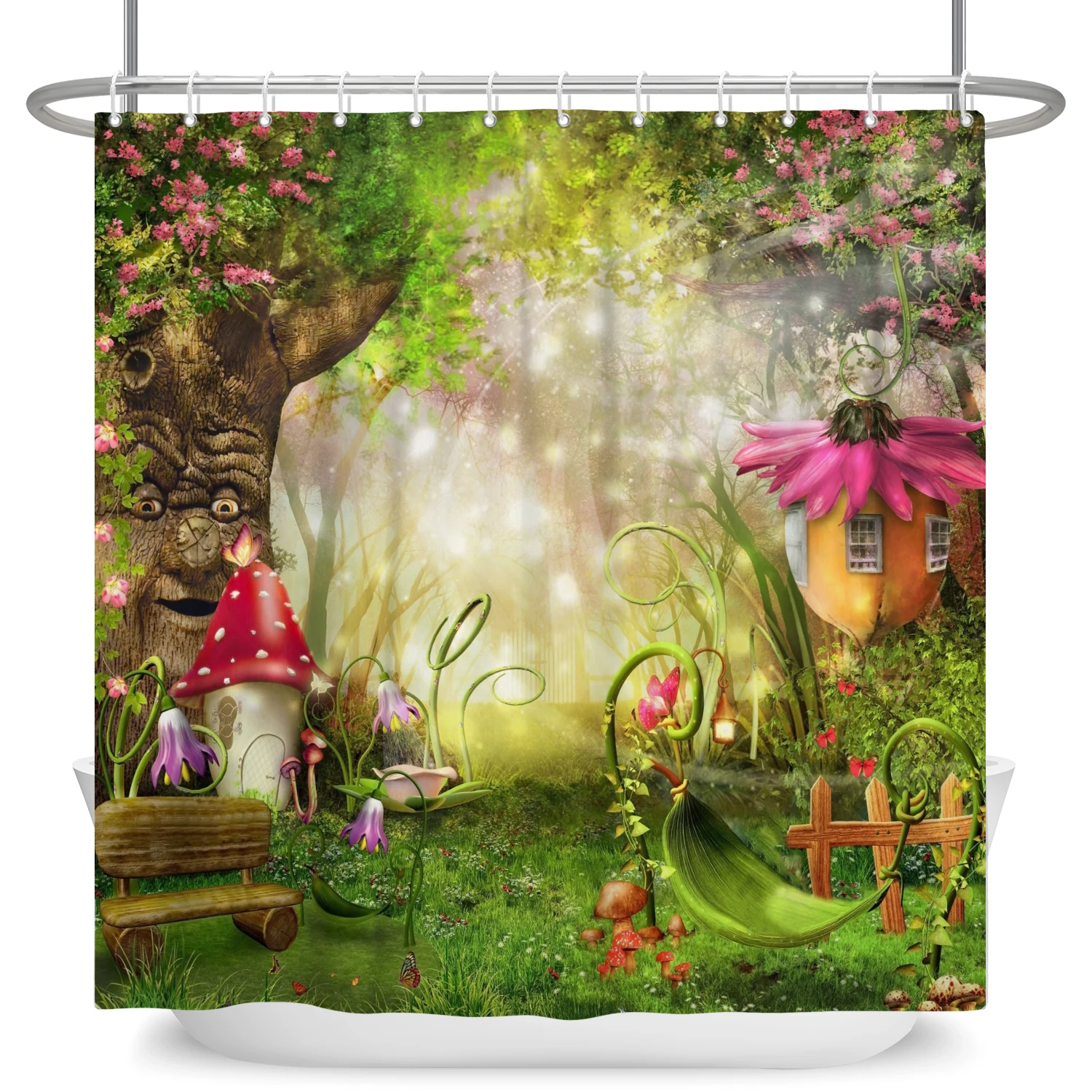 Dreamy Enchanted Forest Shower Curtain Psychedelic Mushroom Castle Butterfly Waterproof Home Bathroom Bathtub Curtain With Hooks