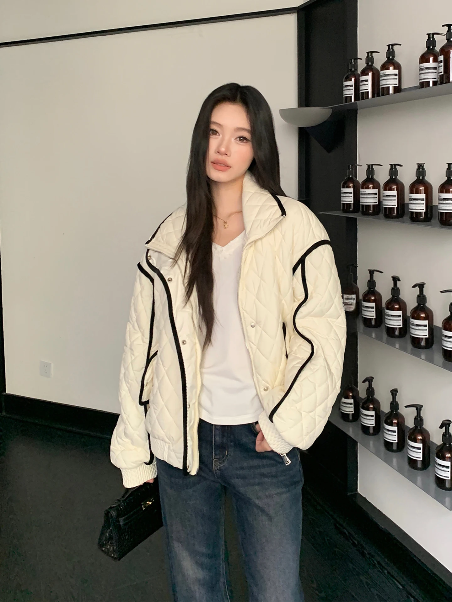 

Warm Velvet d Color Blo Cotton Jaet Faionable Versatile ME Brand Commute Sle Long Sve mid Length Single Button