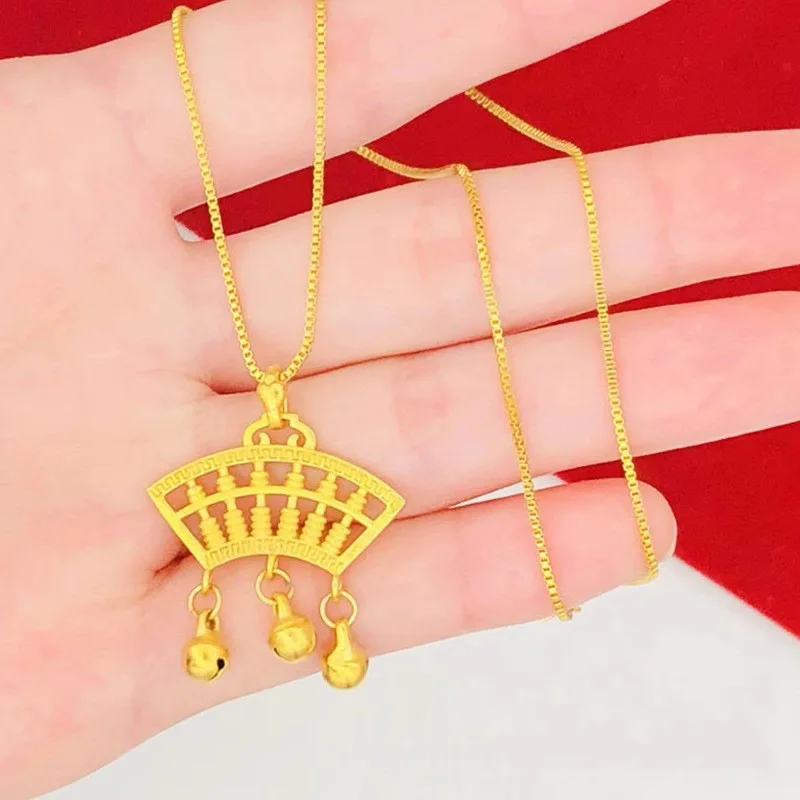 

Women's 9999 24K Real Gold Boutique Bell Abacus Necklace Women Bell Pendant Pendants Auspicious Cloud Gift for Girlfriend