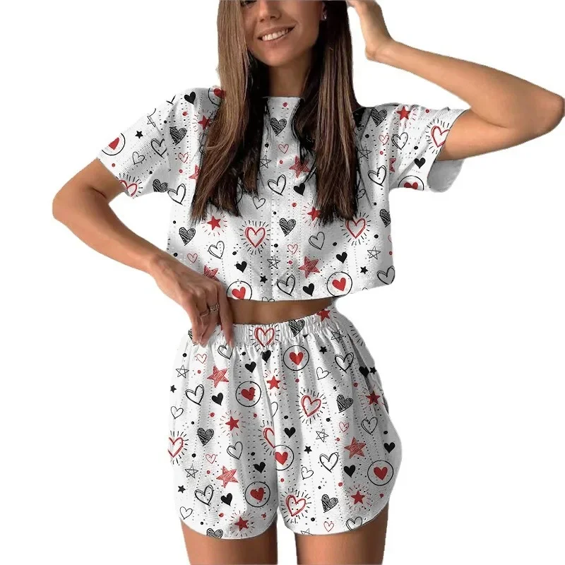 Traje de dos piezas con estampado elegante para mujer, Tops de manga corta con cuello redondo, cintura alta, abertura lateral, ropa de viaje