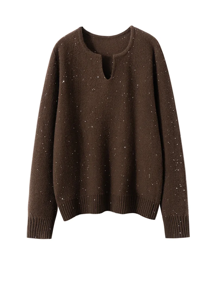 Damski sweter z dekoltem w serek, cekinami, ciepły, wykwintny, na jesień i zimę, 100% kaszmir, prosty, w stylu francuskim, luźny, odzież, topy.