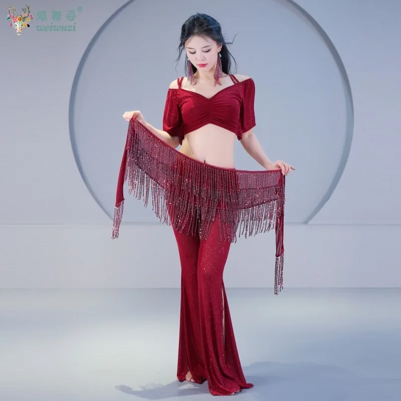 Tenue de danse du ventre à franges pour femmes, 3 pièces, Costume de danse orientale, équipe de base, strass scintillants, pantalons longs, haut en gaze, nouvelle collection