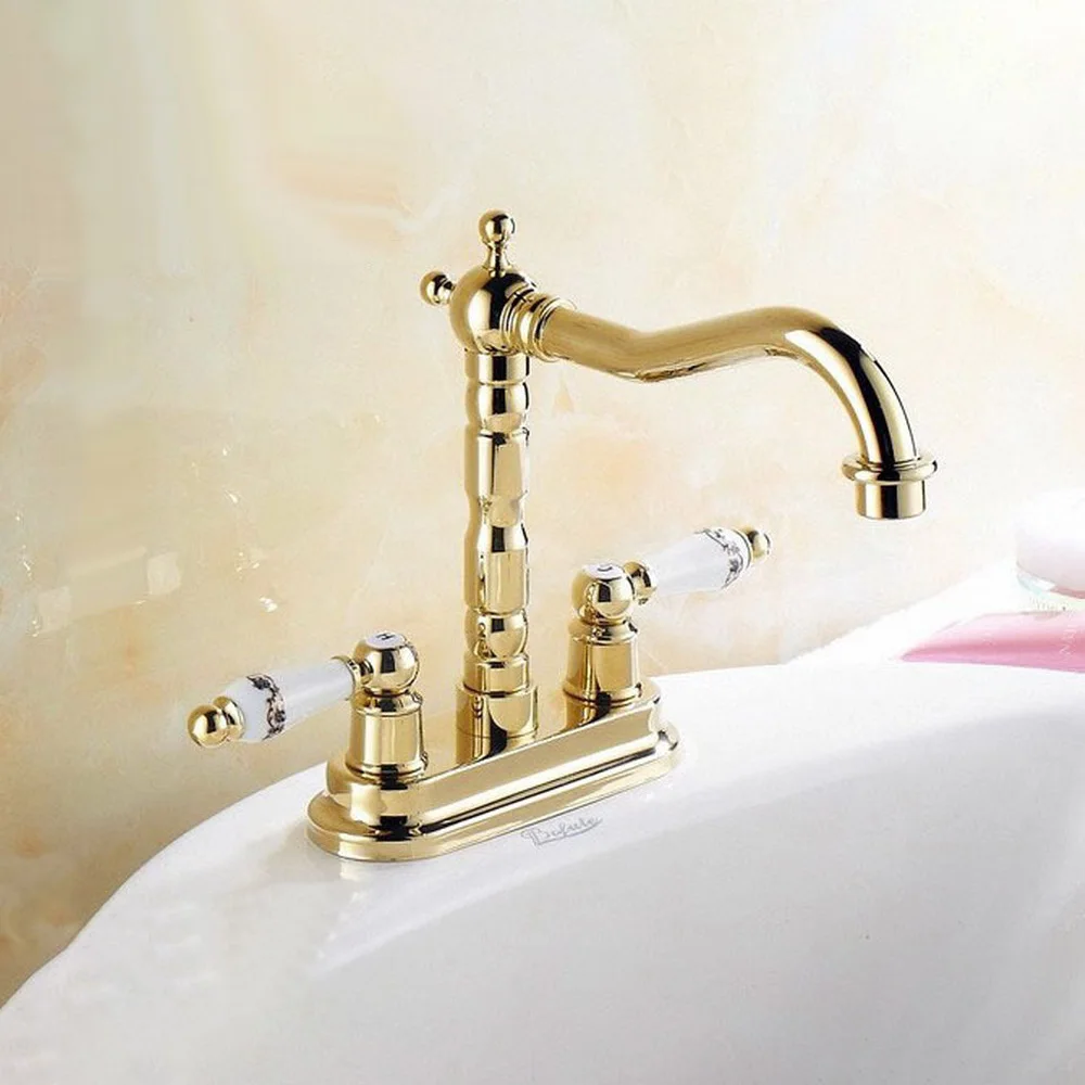 Poliert Gold Farbe Messing Dual Keramik Griff 4 "Centerset Küche Waschbecken Wasserhahn Kalt-und Warmwasser Mischer Becken Wasserhähne lnf322