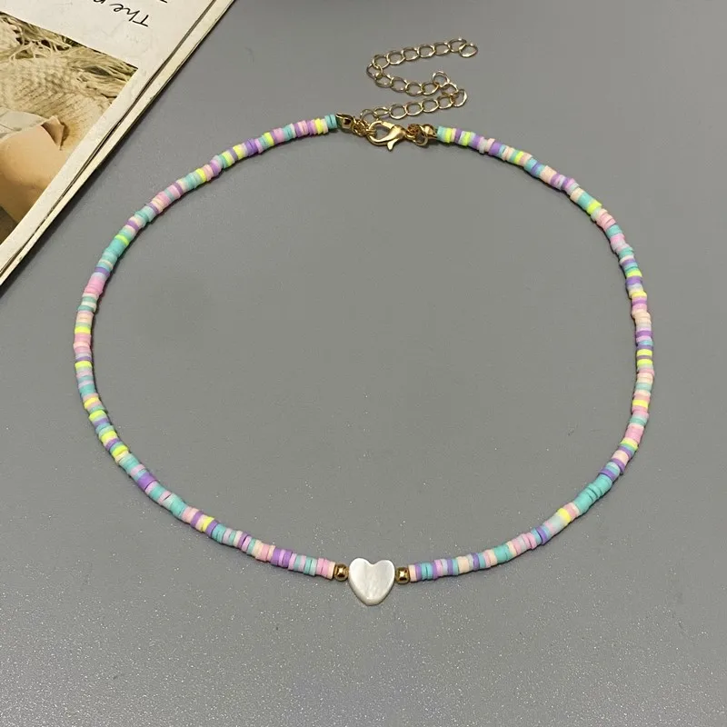 Boho Polymer Clay Colorful Choker  Heart Natural Shell Beads Necklace Korean Handmade Fashion Pendant Neck Collar Female Jewelry