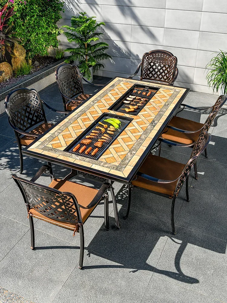 Barbacoa eléctrica para exteriores, mesa de parrilla de carbono, terraza, estufa de barbacoa para el hogar, silla de ocio para patio de aluminio fundido, barbacoa al aire libre