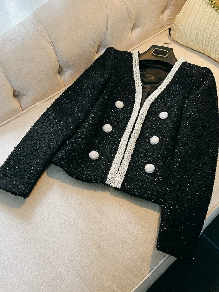 Elegant Women Beading V Neck Party Jacket Autumn New Designer Office Ladies Work Coat Beads Buttons Jacket Banquet Outwear Tops