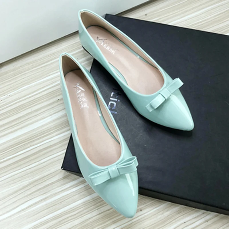 Women Hot Sell Mocasines Ballet Dancer Shiny Leather Bow-Knot Sweet Flats Pointy Toe Slip-Ons Cyan Daily Leisure Shoes Wide Fits