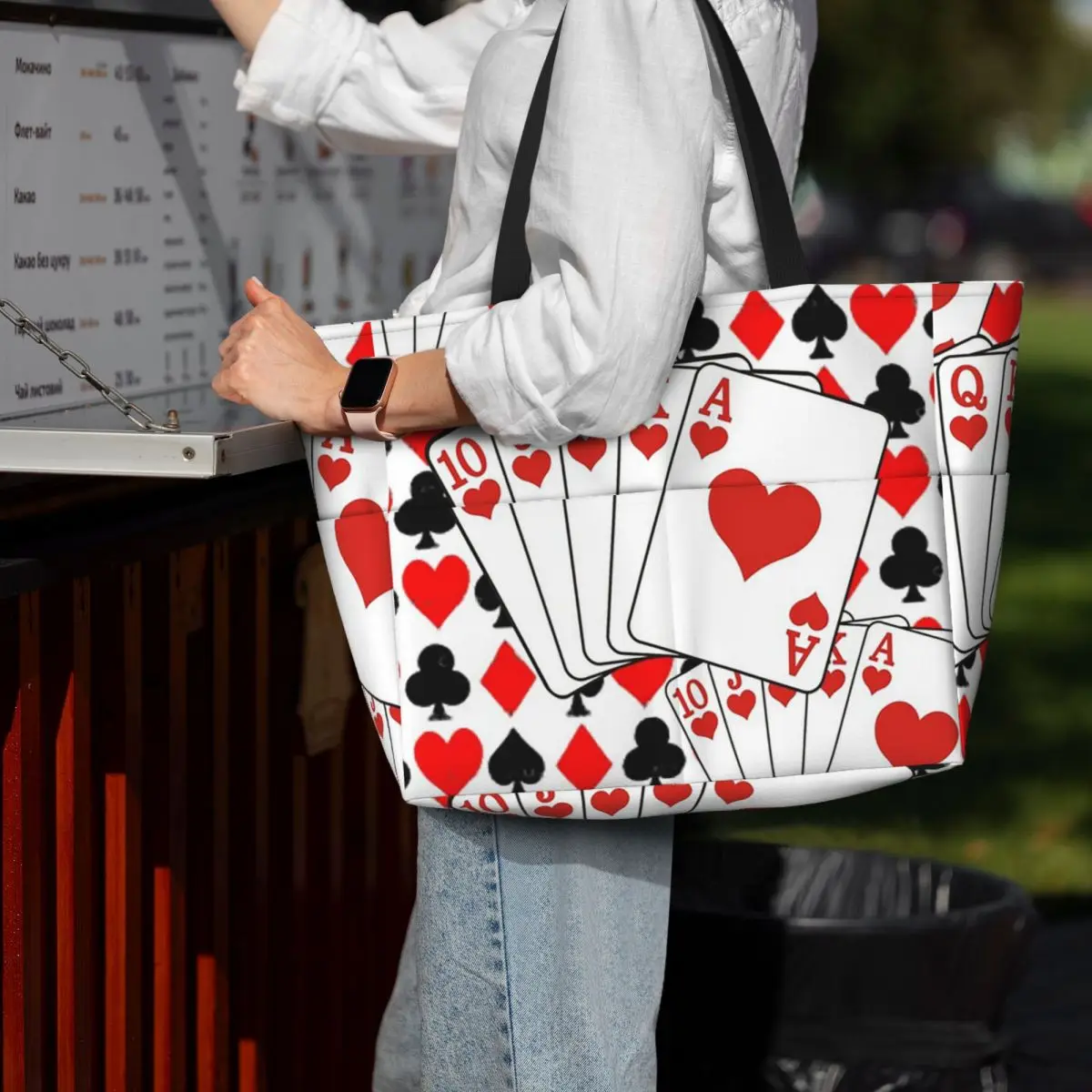 

Casino Nights Red Queen Of Hearts Beach Tote Bag Sport Gym Yoga Duffle Large Tote Bag Women Travel Bag Fitness bag