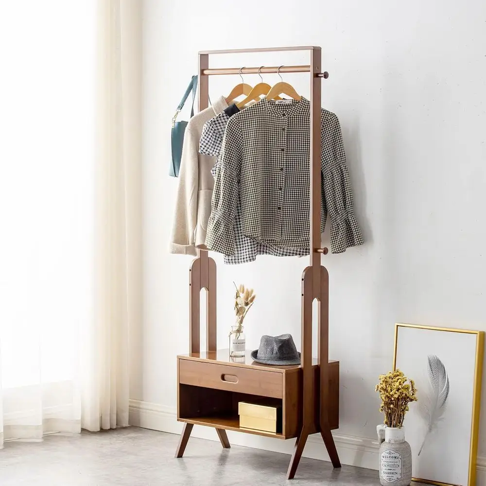 

Wooden Bamboo Garment Rack with Seat, Hooks, and Storage for Closet, Bedroom, and Entryway (25L x 13W x 66.5H)