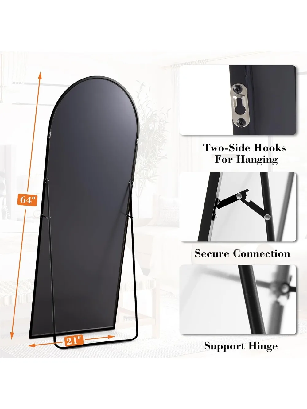 Espejo de longitud completa arqueado de 64"x21" con soporte, nanovidrio irrompible, marco de aluminio, negro