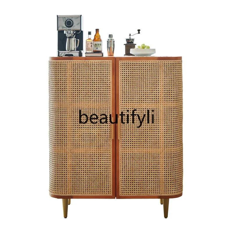 

Side cabinet Nordic solid wood modern simple rattan integrated wall rack tea cabinet